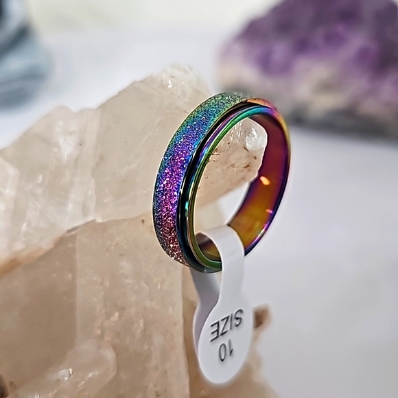 Titanium Stainless Steel ✦ Rainbow Sandblasted Anxiety Spinner Ring Unisex 11 - Picture 8 of 14